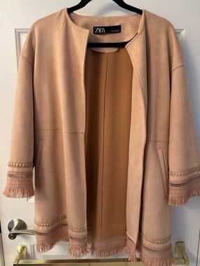 Zara Camel Fringe-Trim Open Front Trench Coat